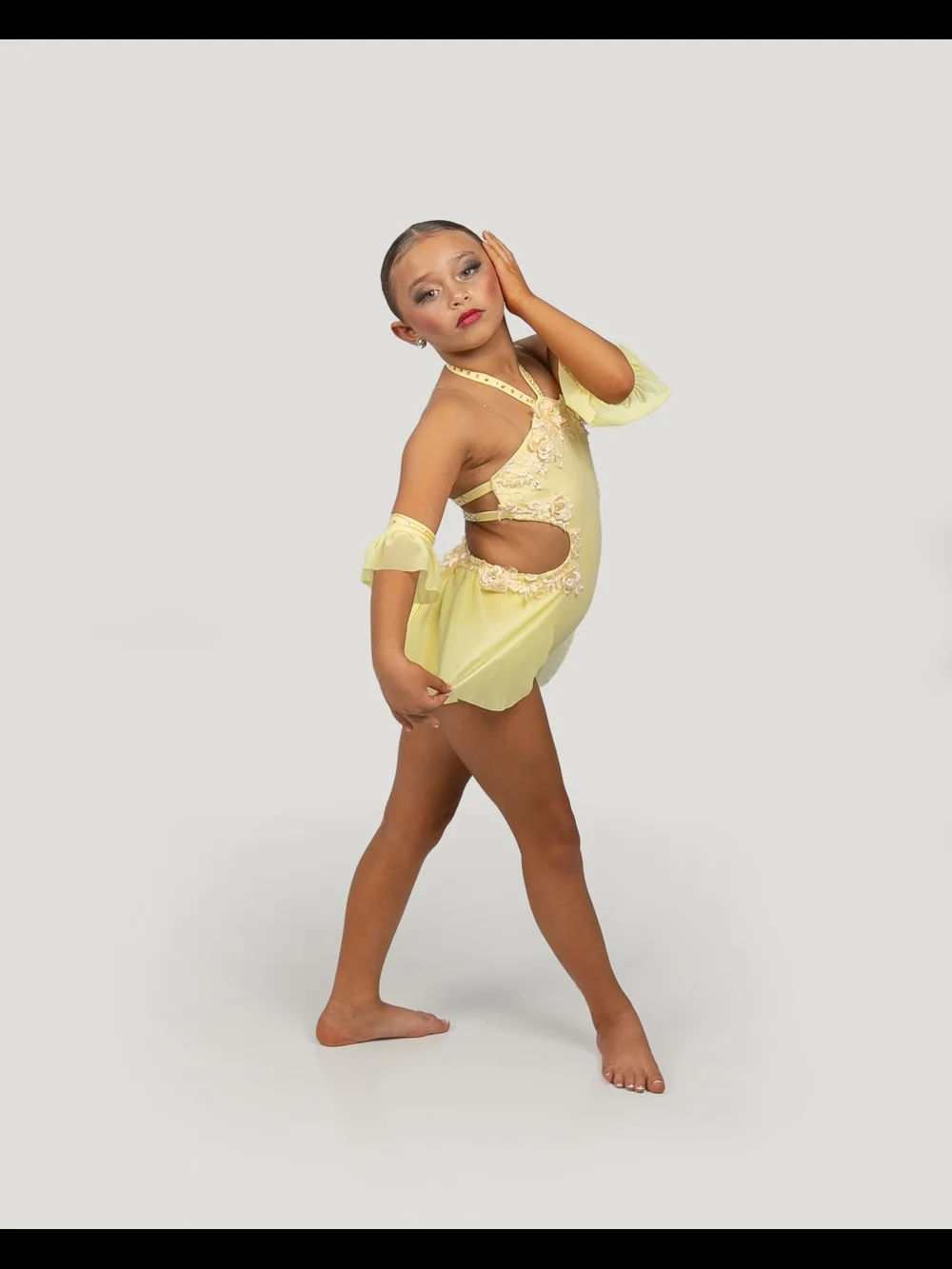 Yellow Girls' Dance Comp Costume with Cutout and Lace Trim